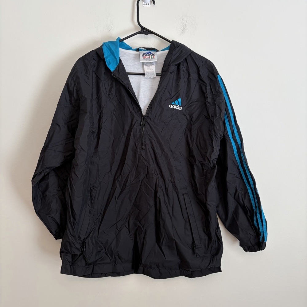 Vintage Adidas L Black Blue Windbreaker 1/4 Zip Jacket 90s Track Hipster Athlete